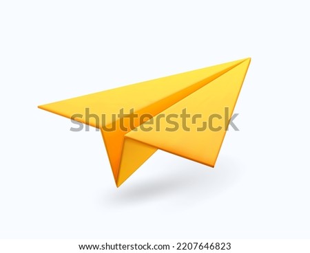 3D Cartoon Paper Plane in Yellow Color Isolated on White Background. Icon of Social Networks.Vector Illustration of 3d Render.