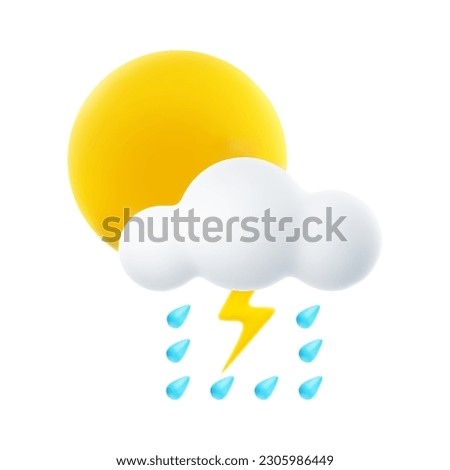 3D Cartoon Icon of Cloudy Weather with Downpour and Thunderstorm. Sign of Cloud, Sun, Rain and Lightning Isolated on White Background. Vector Illustration of 3d Render.