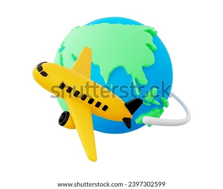 3D Cartoon Yellow and Black Aircraft and Globe with Trace Isolated on White Background. Travel around World by Plane Concept. Vector Illustration of 3D Render.