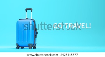 Go Travel Concept. 3D Cute Cartoon Plastic Blue Suitcase on Turquoise Background. Design Element for Travel, Adventure, Tourism, Trip Concept. Vector Illustration of 3D Render.