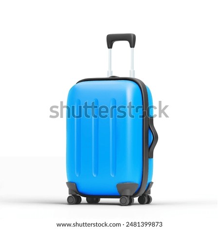 Cute 3d cartoon blue suitcase with drop shadow isolated on white background. Design element for travel, tourism or business trip concept. Graphic for ui design. Vector illustration of 3d render.