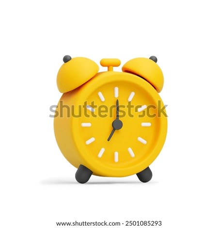 Cute 3d cartoon bright yellow alarm clock isolated on white background. Concept of wake-up time morning, deadline or time-management. Symbol of reminder. Vector illustration of 3d render.