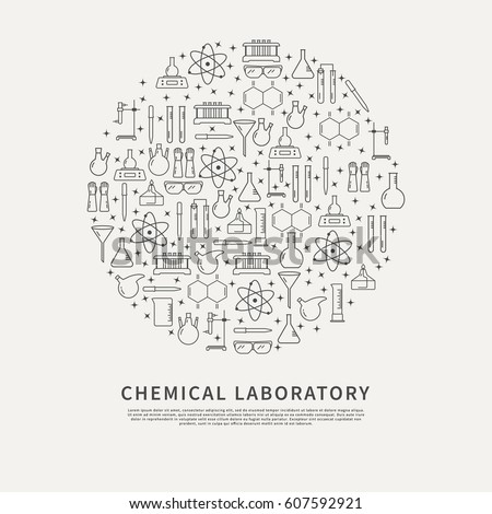 Chemical laboratory equipment brochure template. Circle poster with vector linear icons for research in chemistry.