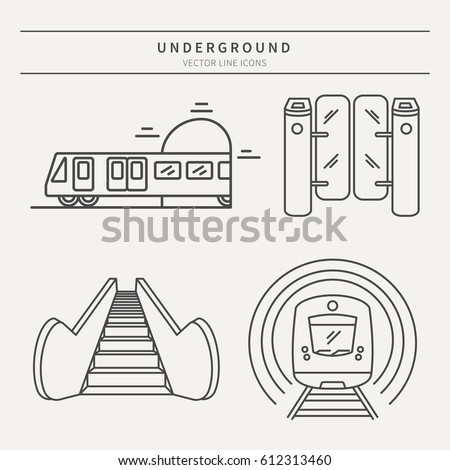 Vector subway icons and badge. Graphic design elements in outline style for packaging, apps, website, advertising, poster and brochure