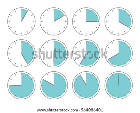 Blue vector illustration, increments from 1 to 12, one hour or 5 minutes interval, 3 rows and 4 columns, for business or education