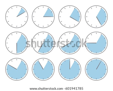 Blue clock, five minute or one hour time increments illustration, icon pack, 
from 1 to 12
