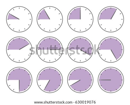 Vector illustration. Violet analog clock on the white background. Forty five minutes or nine hours time increments illustration — hourly schedule. Plus 1, 2, 3, 4, 5, 6, 7, 8, 9, 10, 11 or 12 hour.