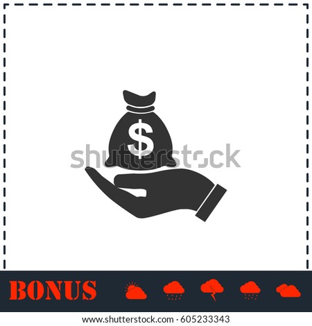 Open Palm Hold Money Bag icon flat. Simple vector symbol and bonus icon