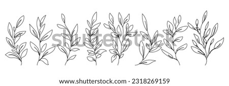 Leaves One Line Drawing Set. Vector Abstract Leaves Branch Linear Illustration Set. Botanical Trendy Minimalist Contour Drawing. Continuous Line Art of Leaf. Hand Drawn Floral Black Sketch.