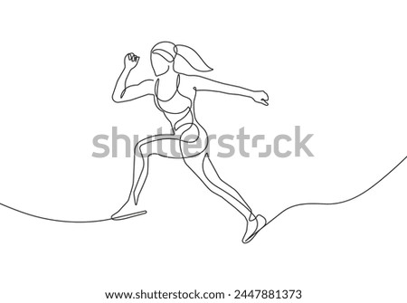 Woman Runner One Line Drawing. Running Abstract Minimal Drawing. Continuous One Line Woman Run Sport Illustration. Modern Trendy Contour Drawing. Vector EPS 10.