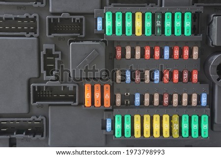 Car fuse box multicolor and multi protection current fused, Power distribution box in car on background. ストックフォト © 