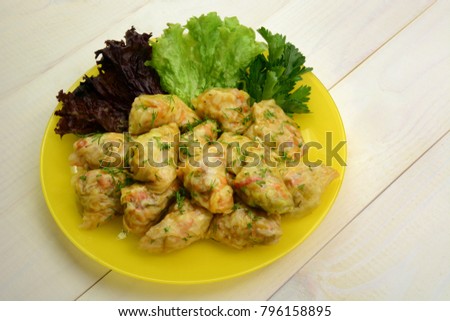 Cabbage rolls stuffed with chicken meat, rice and vegetables. Asian food Imagine de stoc © 