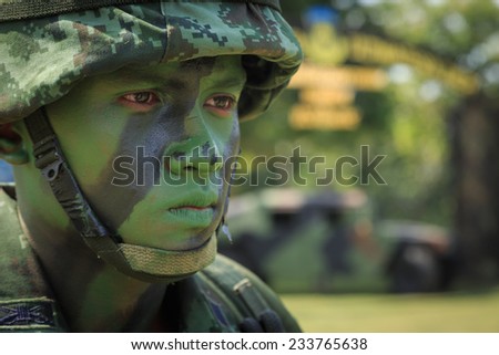PRACHUAP KHIRI KHAN, THAILAND - NOV 24, 2014: Unidentified soldier standing in the line opening ceremony of maneuver in \
