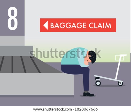 Businessman or traveler waiting at airport baggage claim for luggage that is missing or lost by airline