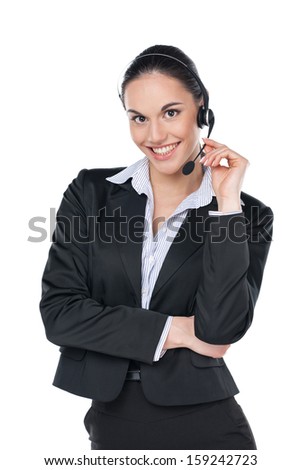 Call center operator with phone headset. Smiling woman customer service worker