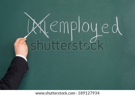 Recruitment or Employment Issues. Employed Chalk drawing. Changing unemployed to employed.
