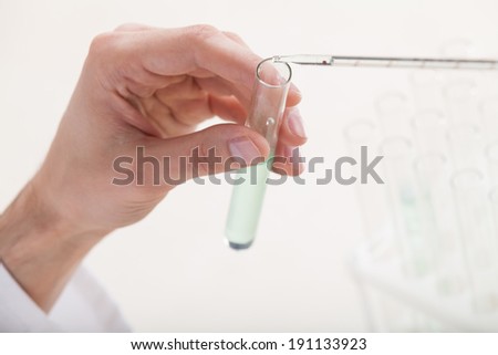 Test tubes and pipette. Researcher doing analysis of chemical