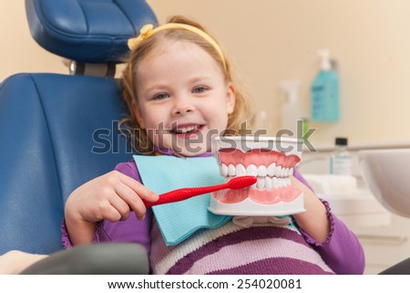 Little girl is having her teeth examined by dentist. girl holding artificial teeth and brush and smiling