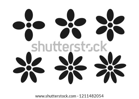 Set of black flower icons with different petal numbers on a white background. Vector illustration. 