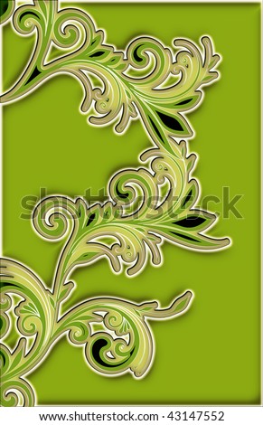 ornate leaf scroll frame design with 3-D shadowing and multiple color overlays.