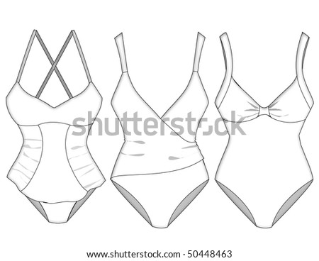 Ladies Missy Swimwear Sketches With Shadow And Fabric Layering Details ...