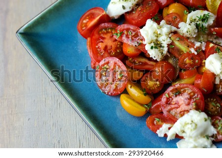 Fresh tomato and mozzarella salad on a square turquoise plate.