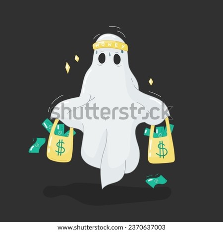 Vector illustration. White flying ghost.. A character in a bed sheet. Yellow bags with money. Green dollars. Halloween, autumn. Holiday pictures. Dark background and stars