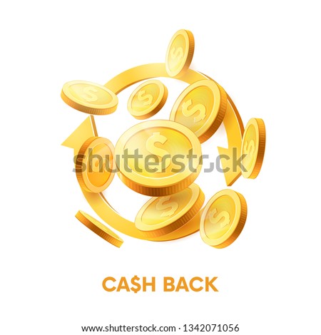 Realistic Gold coins explosion.Cash back. coins in different positions. Isolated on white background