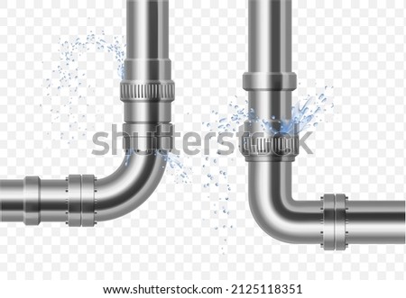 Plumbing, piping, realistic pipes.
Leakage of water pipes. Broken steel pipeline with leak, leaky valve, drip fittings, burst pipe, leak, leaking pipes. vector illustration