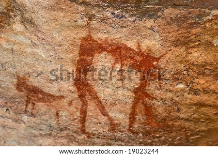 Two Man Hunting. Bushman'S Prehistoric Tribal Cave Art In Mountains Of ...