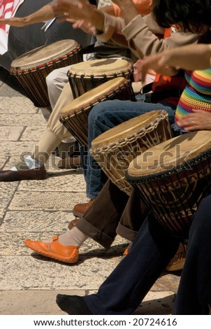 musicans playing drums during street concert in ancient city of split, croat