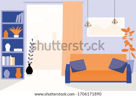 Living room modern interior design in bright blue and orange colors. Flat style illustration
