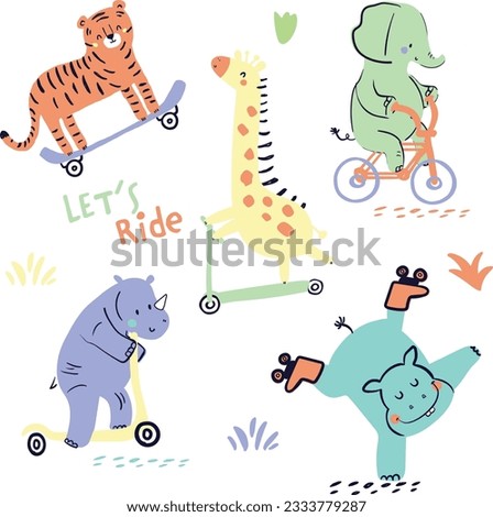 Cute Safari animals giraffe hippo tiger elephant ride bike scooter tee design for kids market as vector
