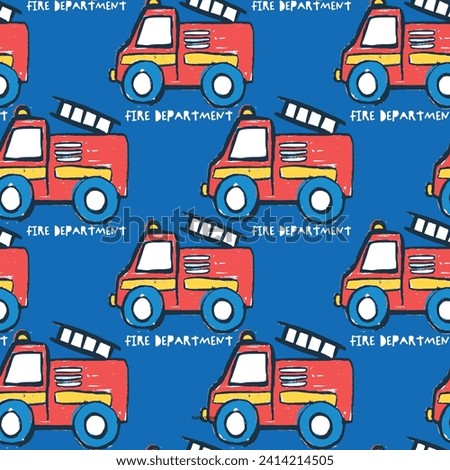 Cute funny hand drawn fire department car pattern and graphic tee design for kids market as vector