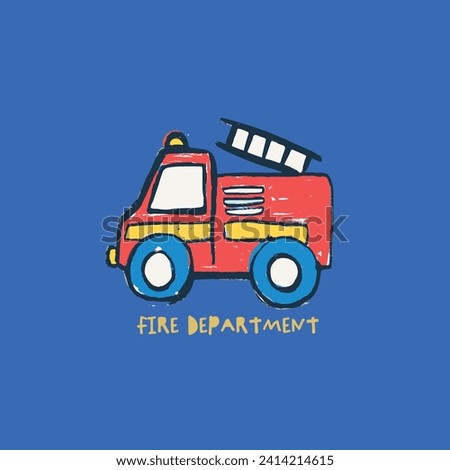 Cute funny hand drawn fire department car pattern and graphic tee design for kids market as vector