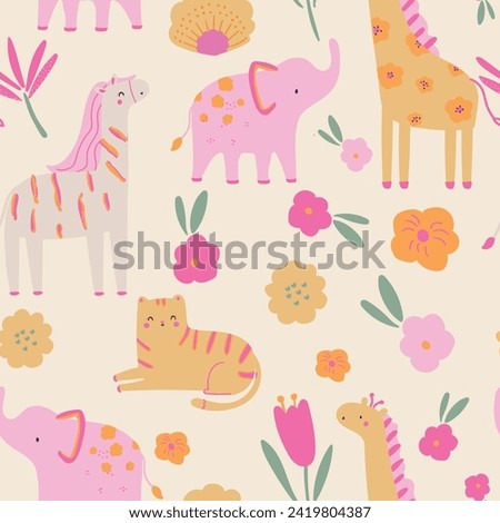 Cute safari animals girl elephant giraffe leopard tiger tropic tee flowers colorful graphic tee design for kids market as vector