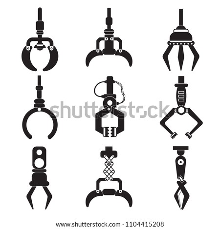 Robotic Claw cute icon set on gray grid and white background. Grip robotic claw in factory. Cartoon concept colorful Vector illustration of the claw game device.