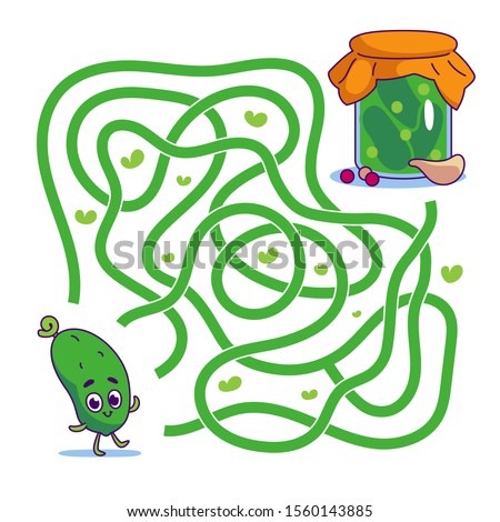 Help cute cucumber find path to pickles. Labyrinth. Vegan maze game for kids. Vector illustration on white background.