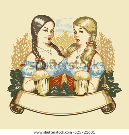 Saint Patrick's Day. Brunette and Blonde Beautiful Girls with beer. 