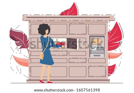 Modern flat design   of delivery service or online shopping with girl,box,pay online,delivery locker mail box. Easy to edit and customize. Vector illustration. woman removing an Amazon package from th