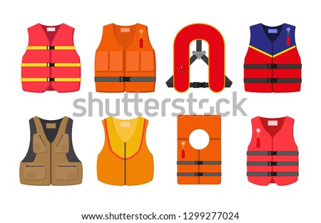 Set of 8 life jackets. vector illustration