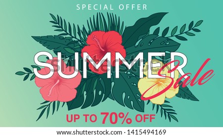 Summer Sale banner design template featuring Hibiscus flowers and jungle leaves. Special offer Sale promotion, up to 70% off. 4K aspect ratio. Vector illustration.