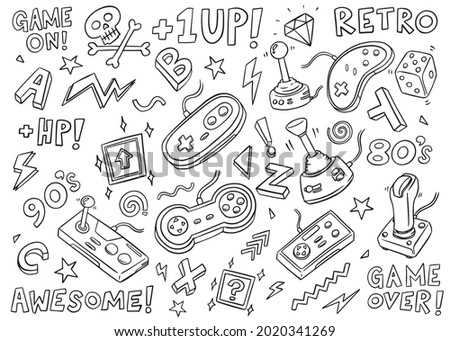 Video Games doodle collection. Hand drawn vector illustration set on isolated background