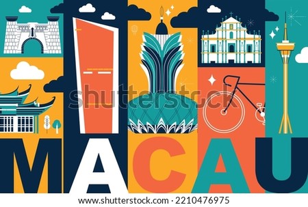 Typography word Macau branding technology concept. Collection of flat vector web icons. Culture travel set, famous architectures, specialties silhouette. Chiness famous landmark, split video screen
