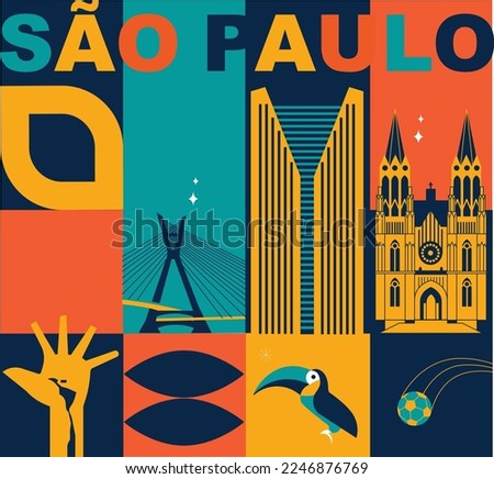 Sao Paulo culture travel night set, famous architectures specialties in flat design. Business Brazilian tourism concept clipart. Image presentation, banner, website, advert, flyer, roadmap, icons