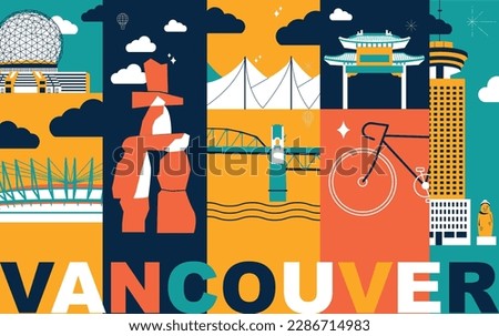 Typography word Vancouver branding technology concept. Collection of flat vector web icons. Canadian culture travel set, architectures, specialties detailed silhouette American famous landmark