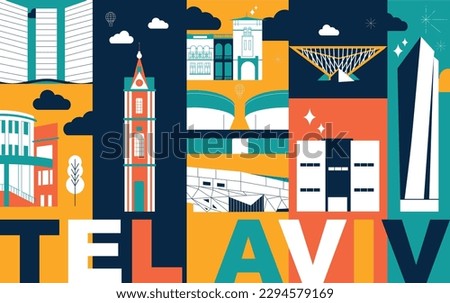 Typography word Tel Aviv branding technology concept. Collection of flat vector web icons. Israel culture travel set, architectures, specialties detailed silhouette. Doodle famous landmarks.