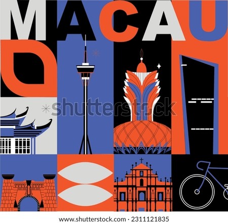 Typography word Macau branding technology concept. Collection of flat vector web icons. Culture travel set, famous architectures, specialties silhouette. Chiness famous landmark, split video screen