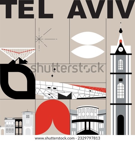 Typography word Tel Aviv branding technology concept. Collection of flat vector web icons. Israel culture travel set, architectures, specialties detailed silhouette. Doodle famous landmarks.