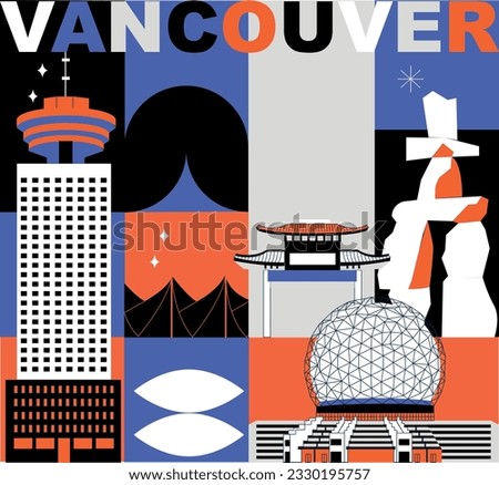 Typography word Vancouver branding technology concept. Collection of flat vector web icons. Canadian culture travel set, architectures, specialties detailed silhouette American famous landmark